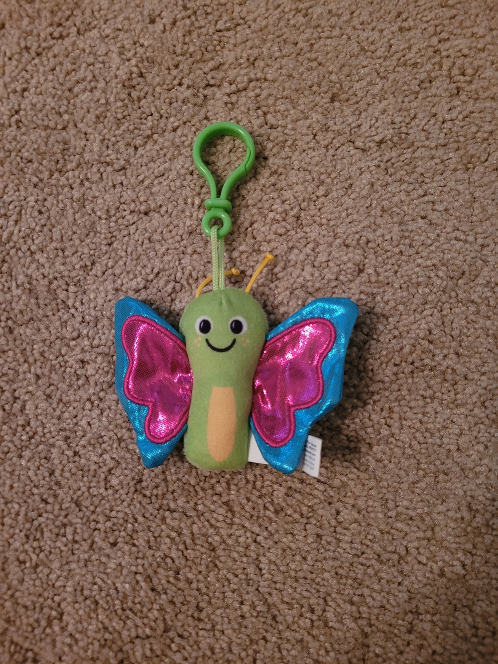 Green Butterfly Clip-On Plush Toy with Shiny Pink & Blue Wings